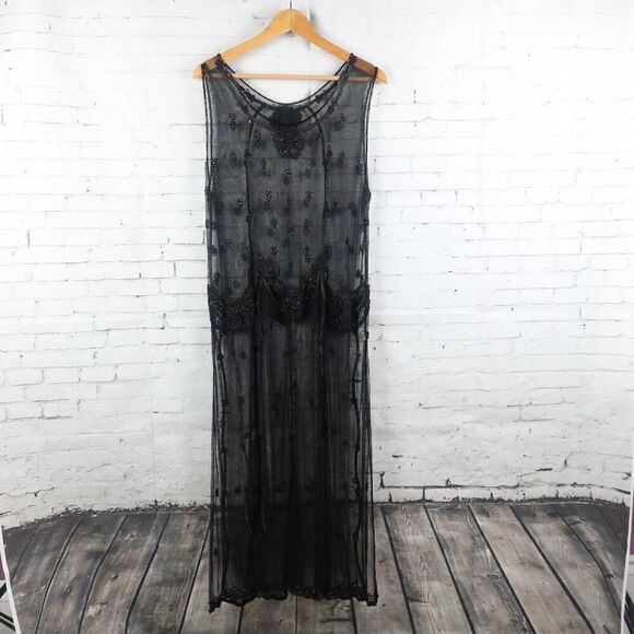 STERLING STYLES VINTAGE BLACK SLEEVELESS SHEER BEADED OVERLAY SHIFT DRESS SIZE L - Picture 1 of 9